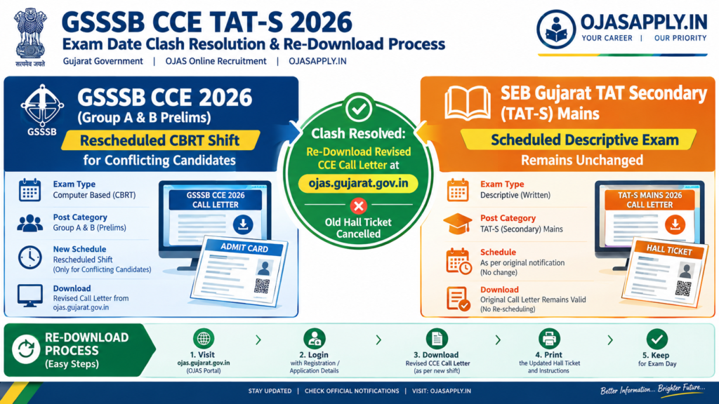 GSSSB CCE TAT-S Call Letter 2026 Exam Date Clash Resolution and Re-download Notice Infographic