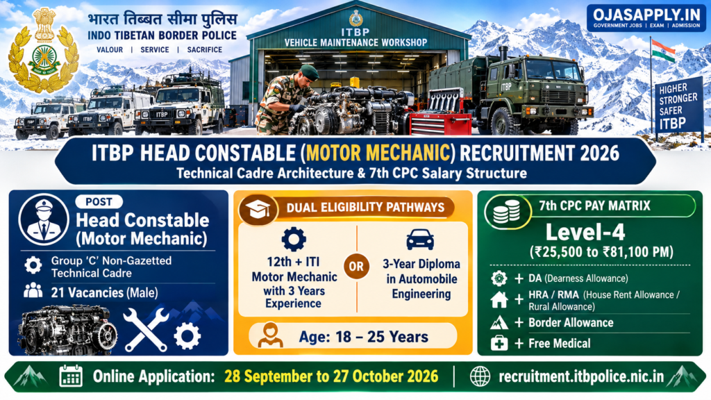 ITBP Head Constable Motor Mechanic Recruitment 2026 Level-4 Salary and Automobile Qualification Infographic