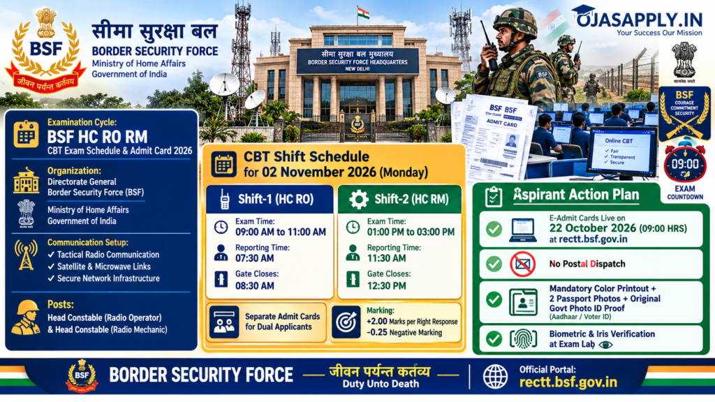 BSF HC RO RM CBT Exam Schedule Admit Card 2026 1121 Posts Shift Timing Infographic