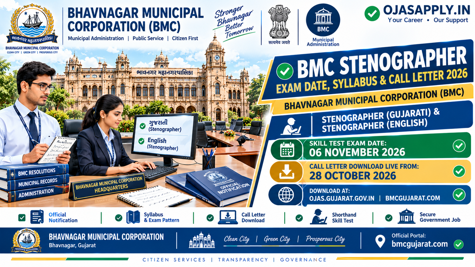 Bhavnagar Municipal Corporation BMC Stenographer Exam Date Syllabus Call Letter Download 2026 Notification Banner