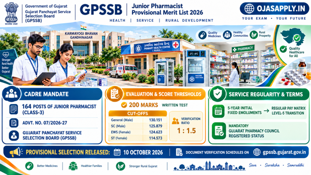 GPSSB Junior Pharmacist Provisional Merit List 2026 Category Cut Off Infographic