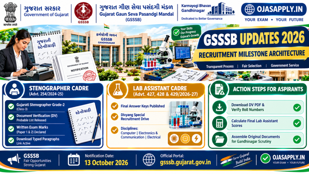 GSSSB Updates 2026 Stenographer Grade 2 DV List Lab Assistant Answer Key Infographic