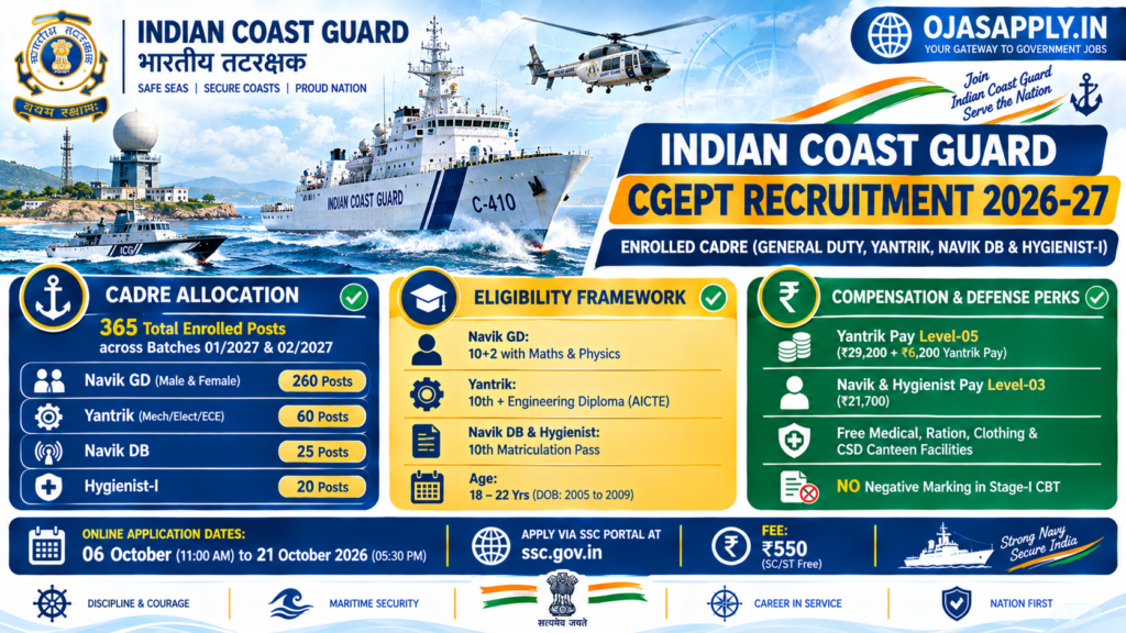 Indian Coast Guard CGEPT Recruitment 2026 365 Navik Yantrik Vacancy Salary Infographic