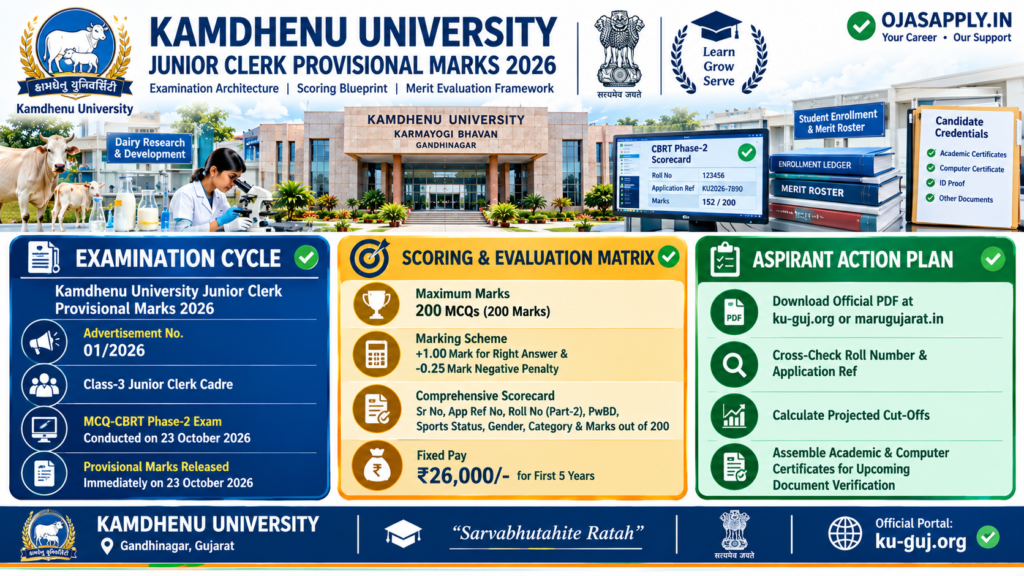 Kamdhenu University Junior Clerk Provisional Marks 2026 Phase-2 Scorecard Infographic